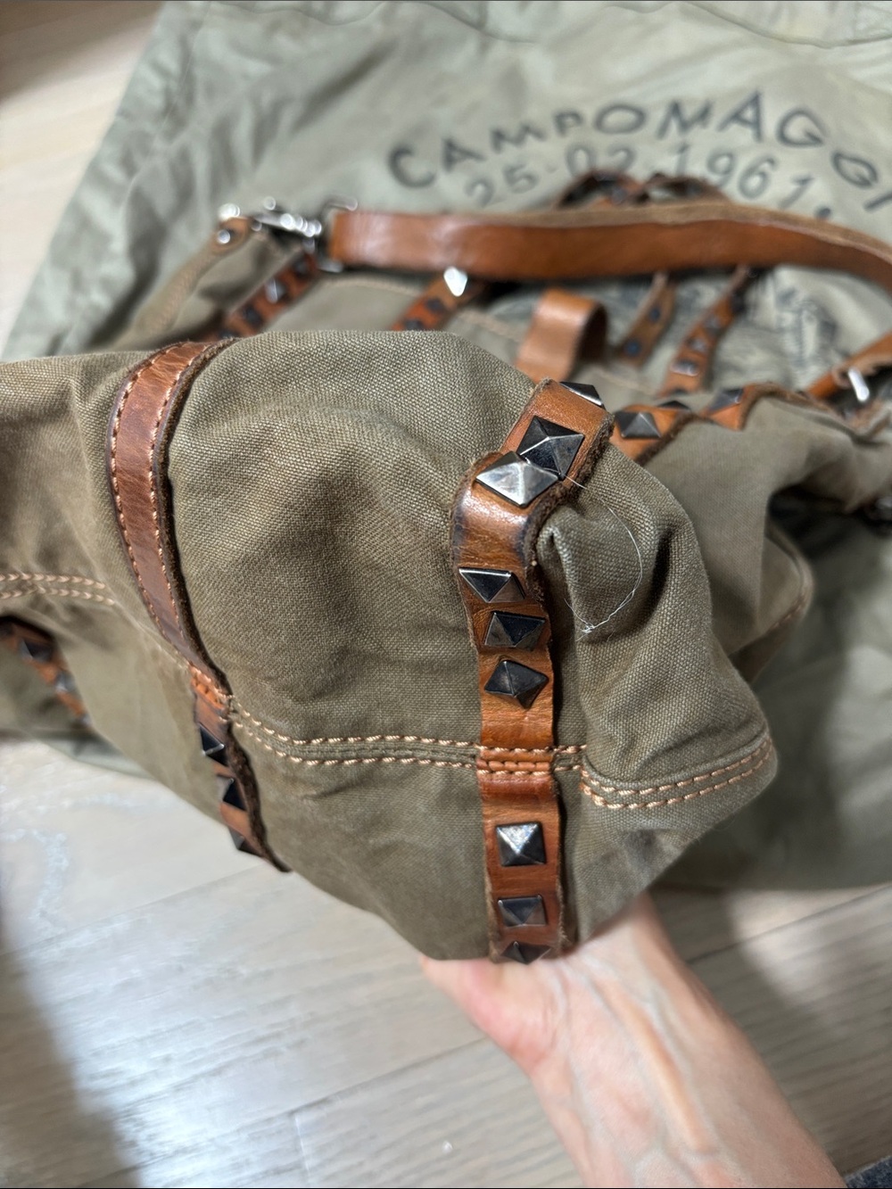 Campomaggi Olive Canvas Tote with Brown Leather Trim and Stud Accents - Picture 5 of 9